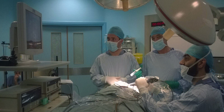 A medical team performs an endoscopic decompression of the fifth cranial nerve at Irbid’s King Abdullah I University Hospital recently (Photo courtesy of Bashar Abu Zayed)